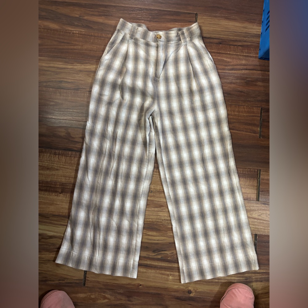 Woman’s ghanda wide leg pants brown cream plaid pockets luxury boho boho sze 10